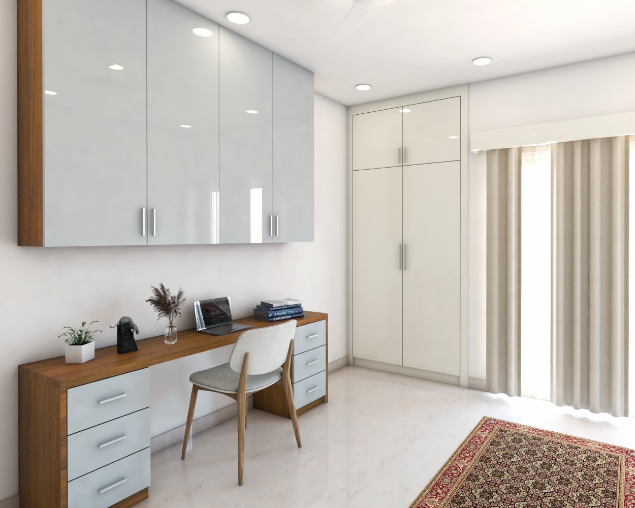 Modern Grey And Walnut Toned Study Room Design With Wall Unit