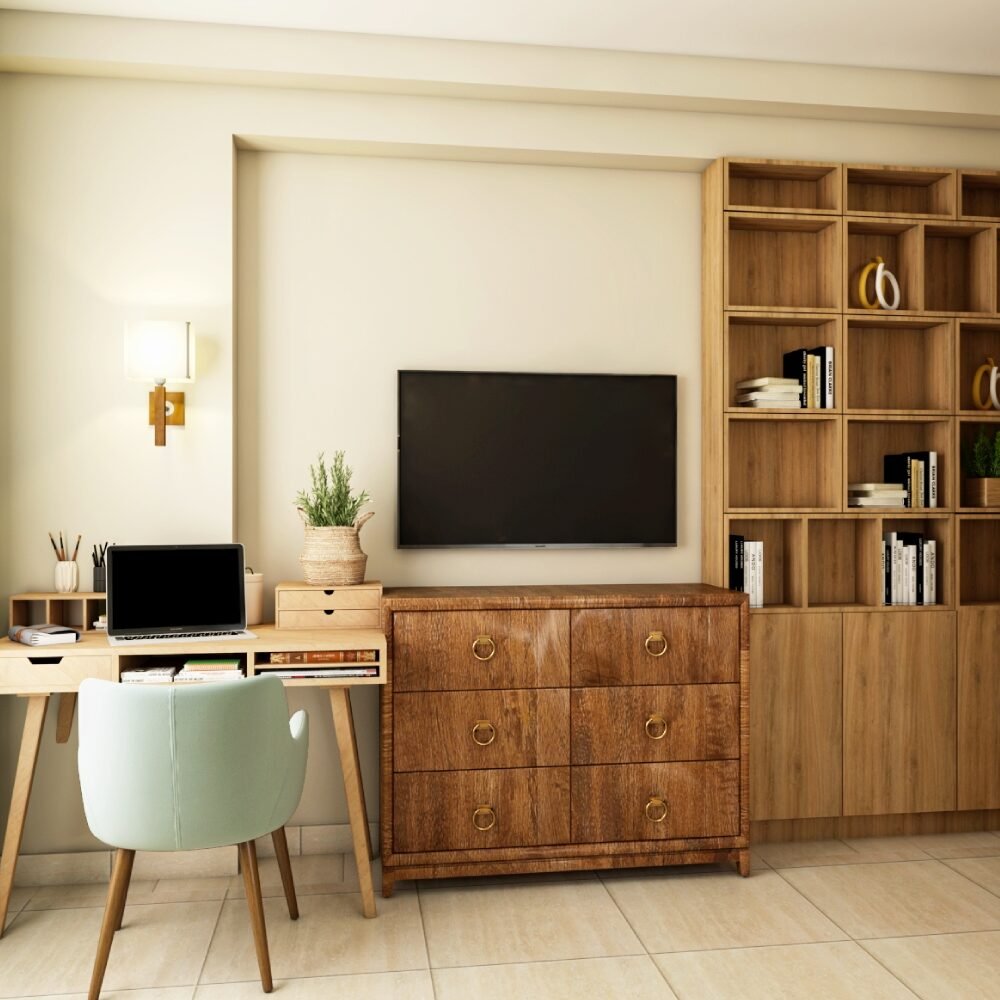 Modern Wooden Study Room Design Details With Integrated TV Unit
