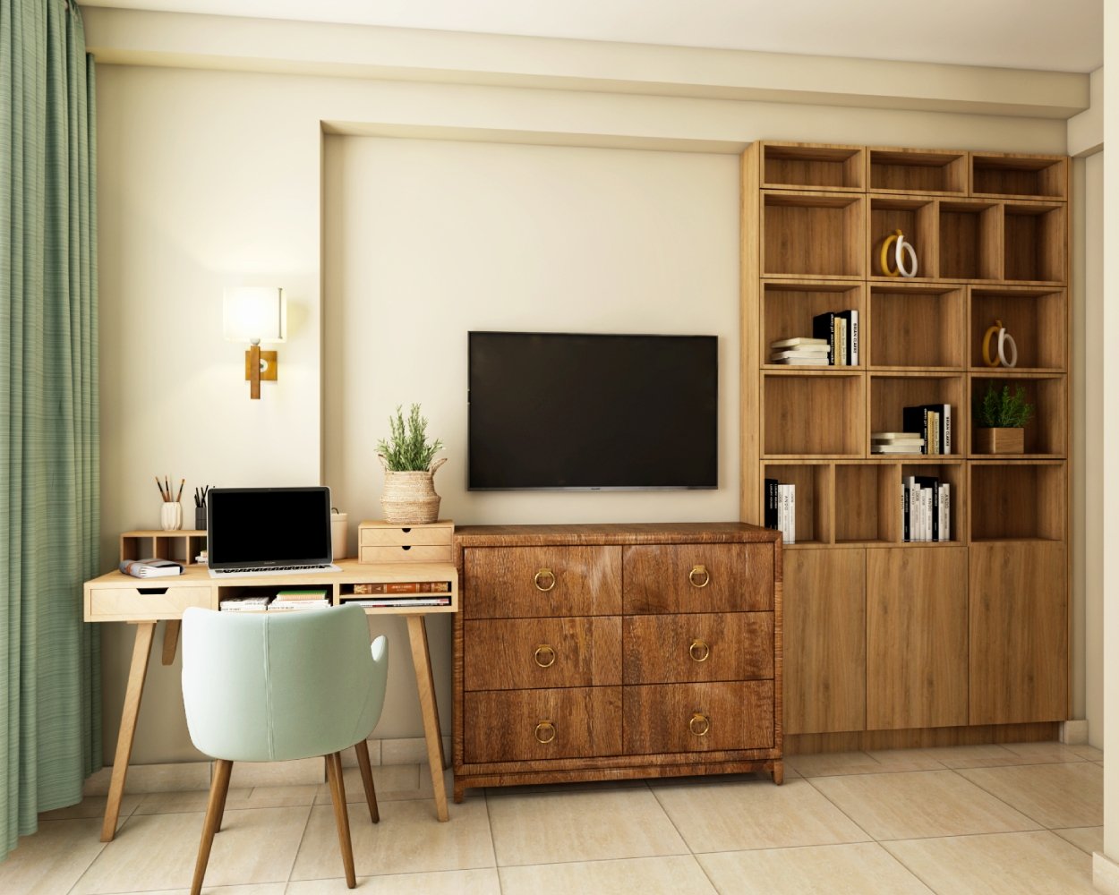 Modern Wooden Study Room Design Details With Integrated TV Unit