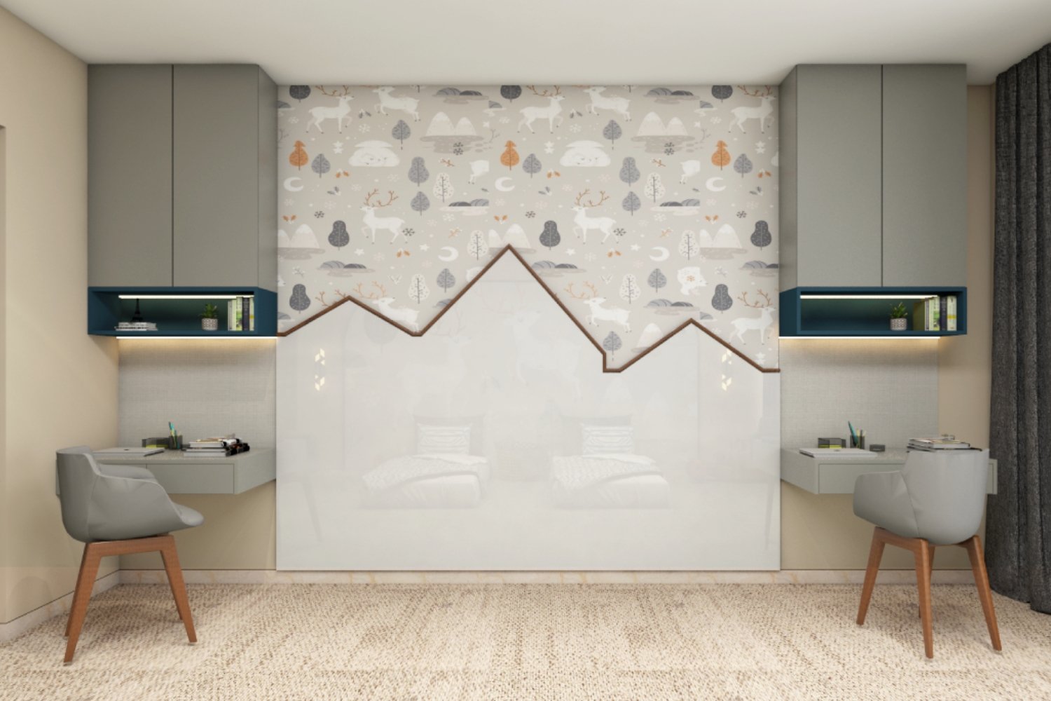 Contemporary Grey And Blue Study Room Design For Two