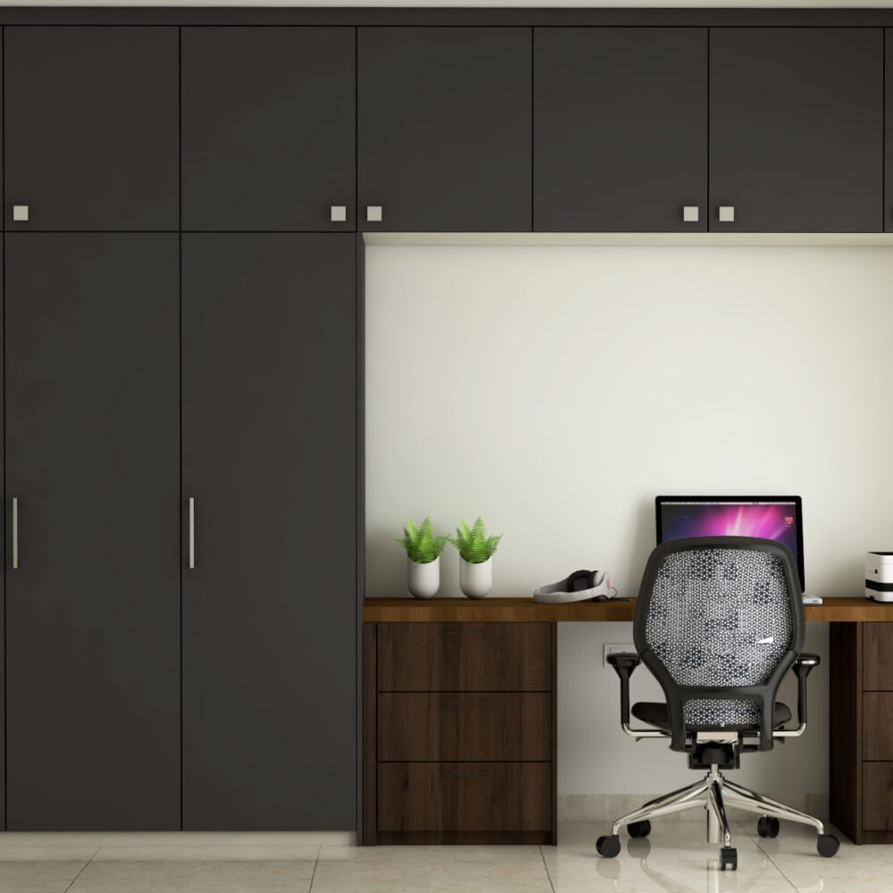 Minimal Wooden Study Room Design With 3-Door Swing Wardrobe With Lofts