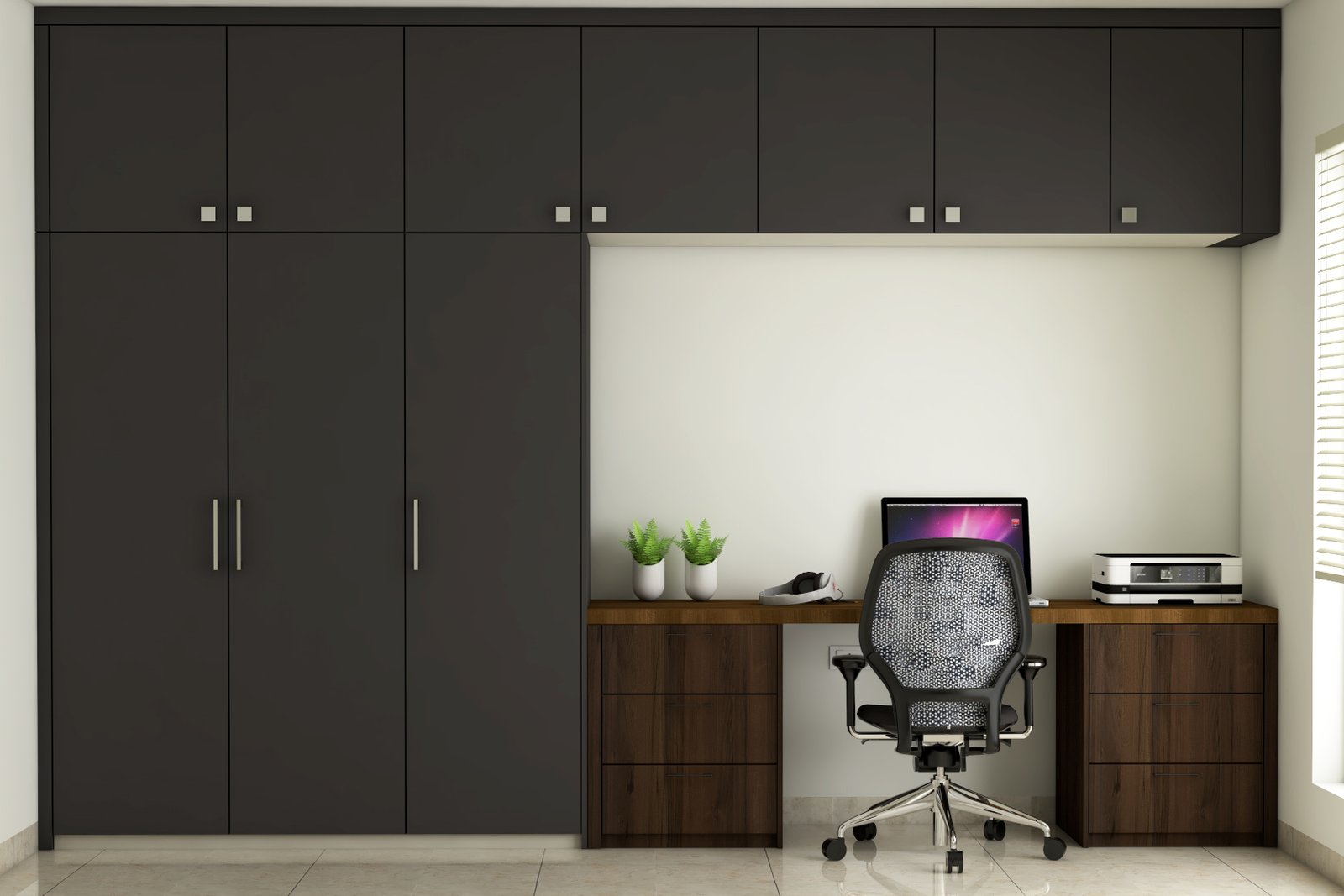 Minimal Wooden Study Room Design With 3-Door Swing Wardrobe With Lofts