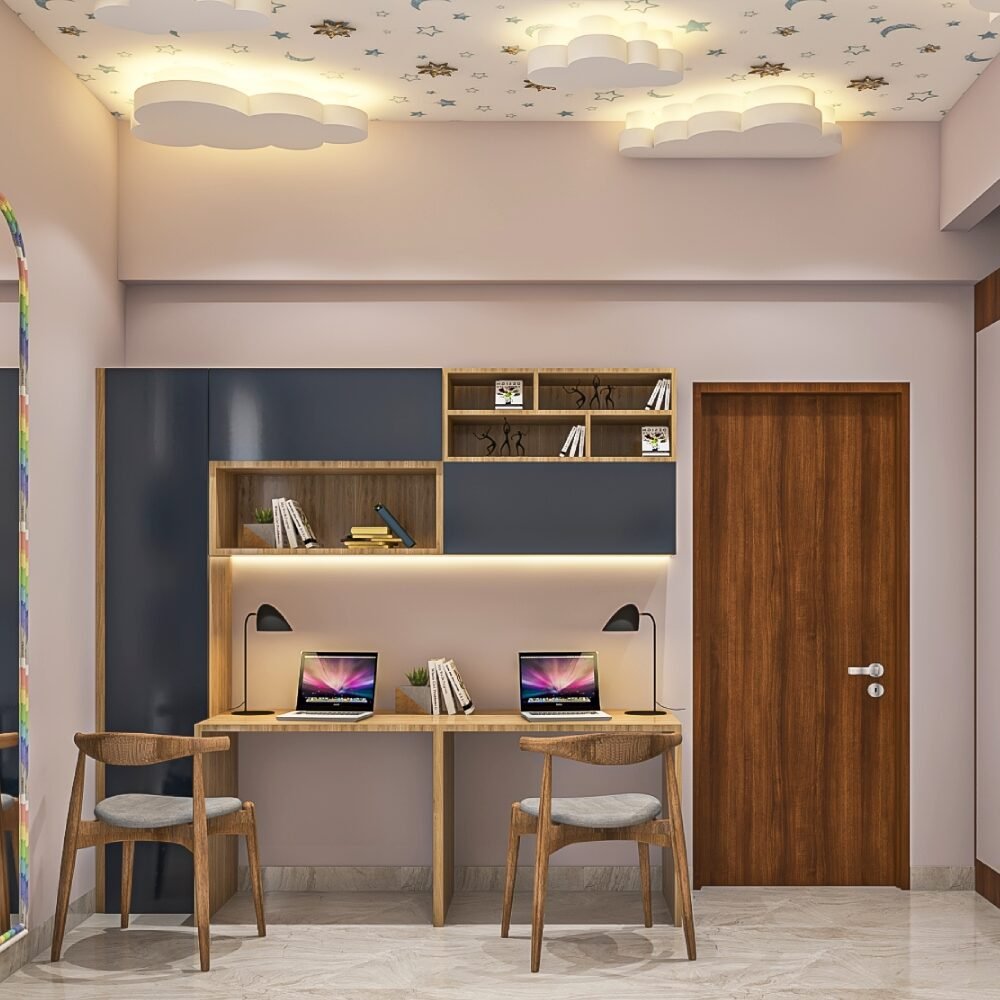 Contemporary Dark Blue And Wood Study Room Design For Two