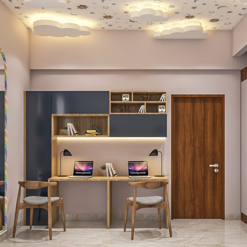 Contemporary Dark Blue And Wood Study Room Design For Two