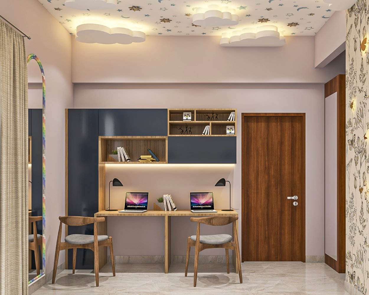 Contemporary Dark Blue And Wood Study Room Design For Two