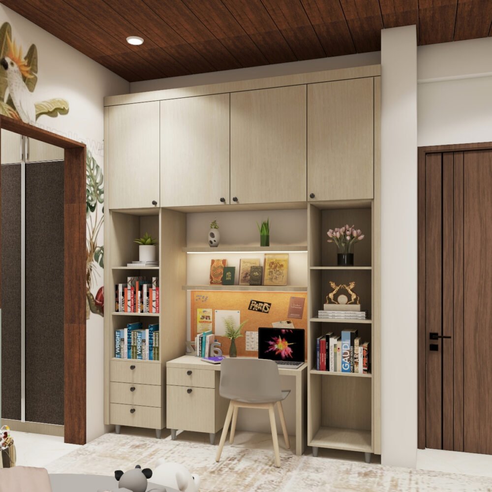 Contemporary Acacia-Toned Study Room Design With Open Shelves And Under-Shelf Lighting