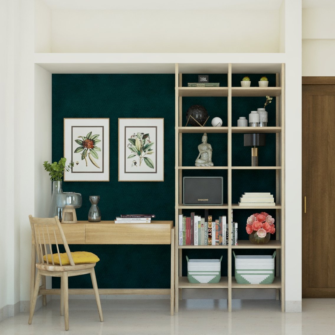Modern Study Room Design With Emerald Green Wallpaper