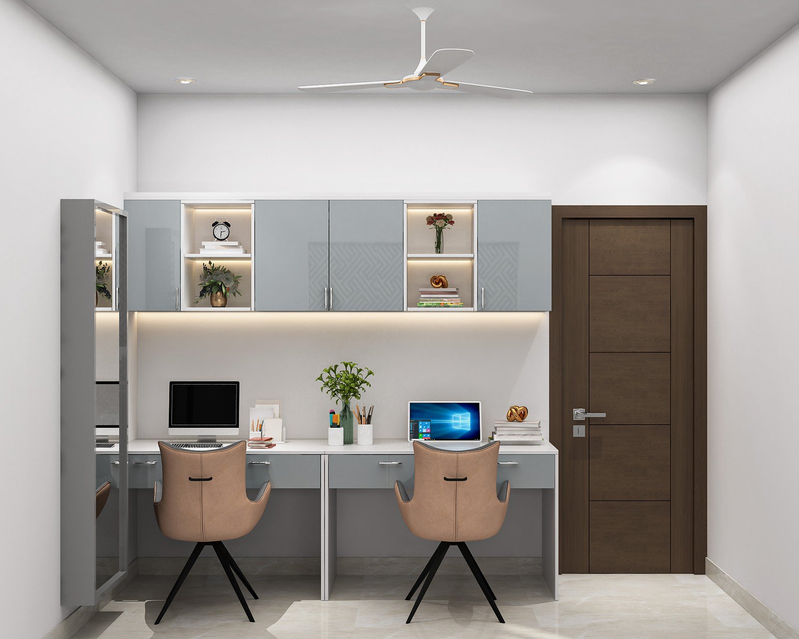 Compact Modern Home Office Design in Silver and White Finishes