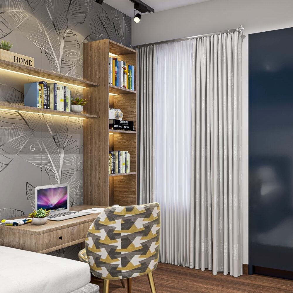 Contemporary Wooden Study Room Design With Wall-Mounted Shelves And LED Lights