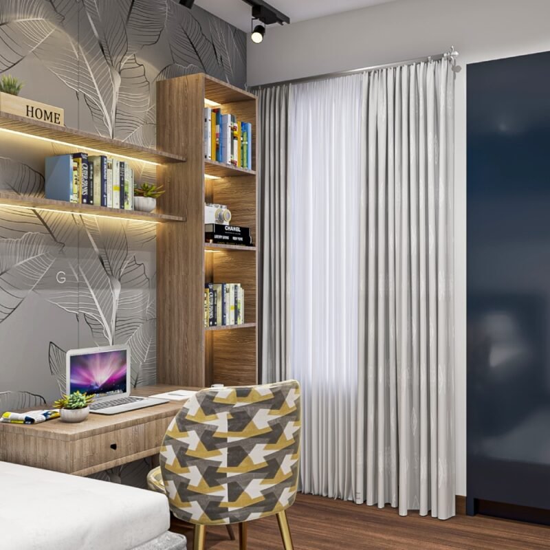 Contemporary Wooden Study Room Design With Wall-Mounted Shelves And LED Lights