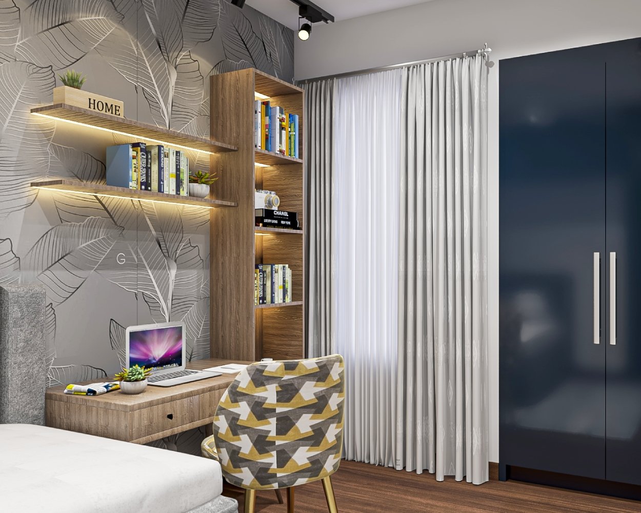 Contemporary Wooden Study Room Design With Wall-Mounted Shelves And LED Lights