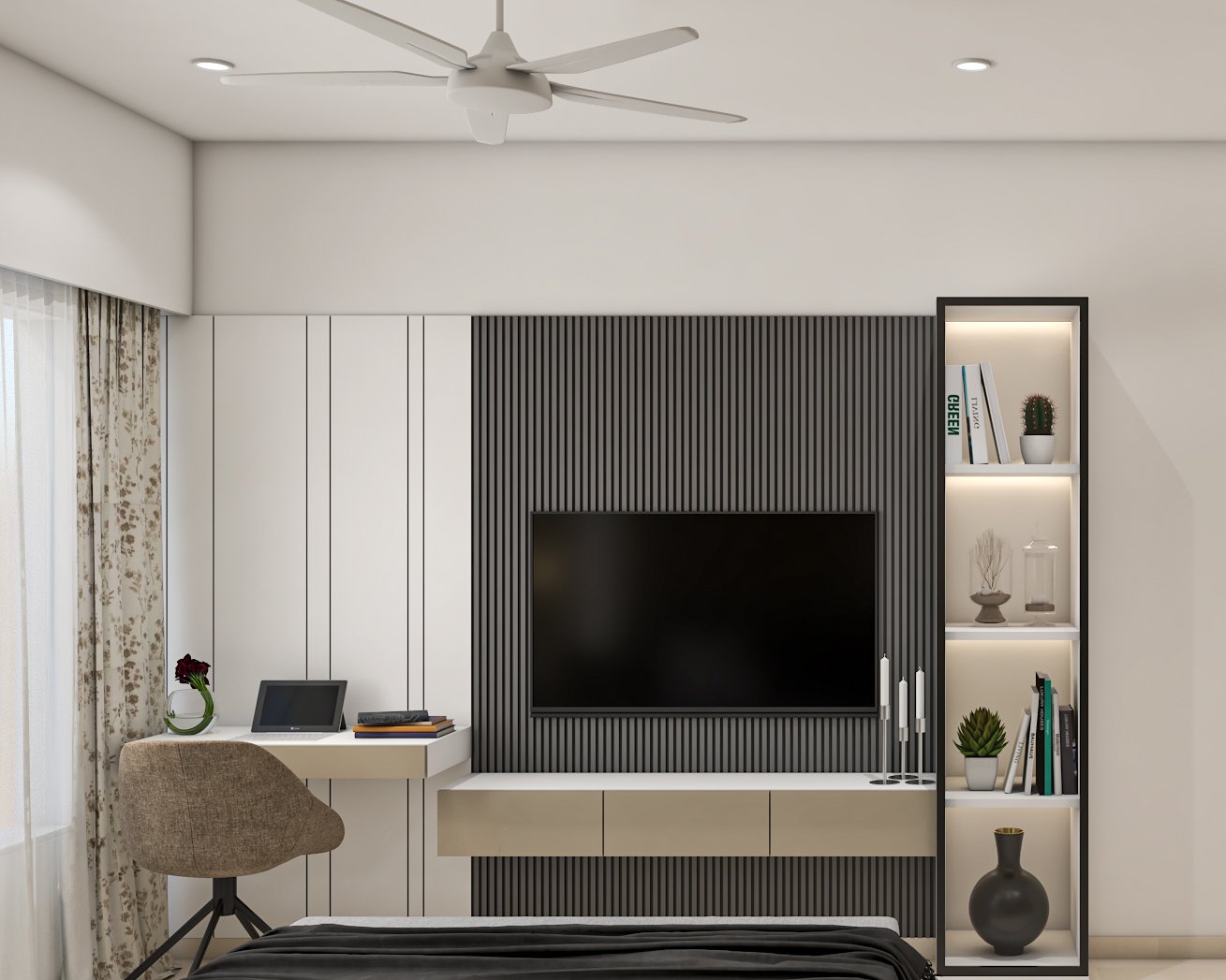 Grey Contemporary Home Office Design With Floating Desk