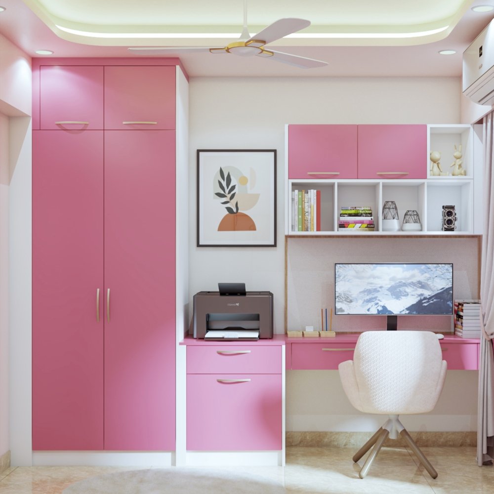 Modern Persian Pink Study Room Design With White Accent Chair