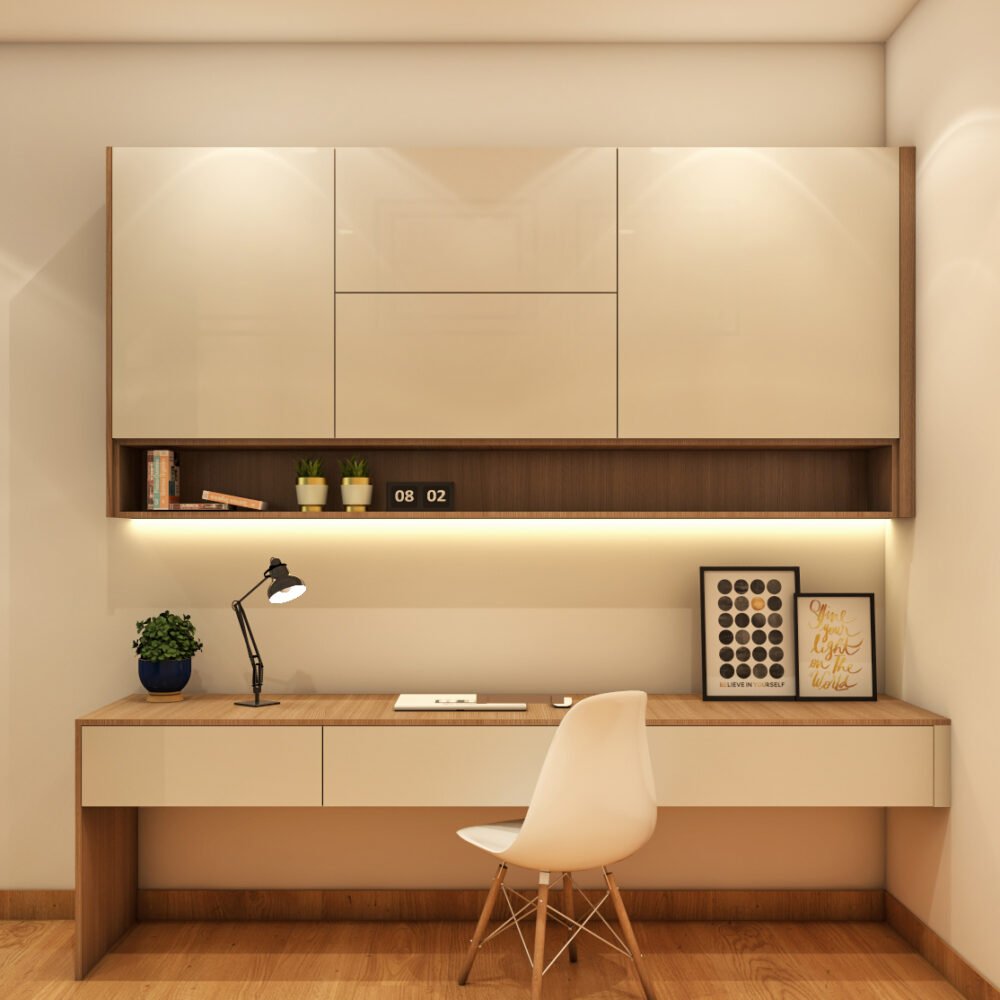 Contemporary Study Room Design With Champagne And Wood Accents