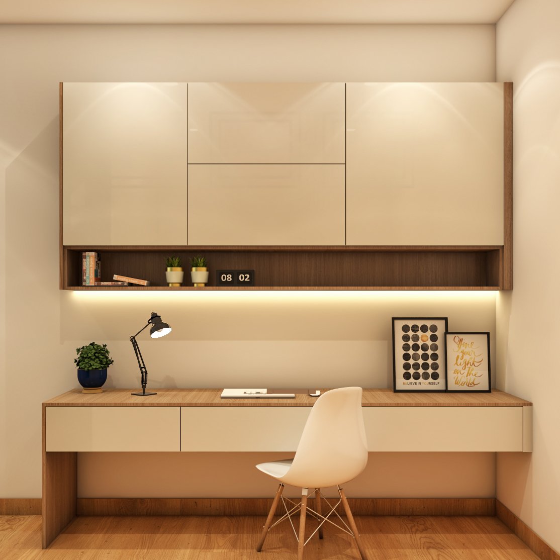 Contemporary Study Room Design With Champagne And Wood Accents