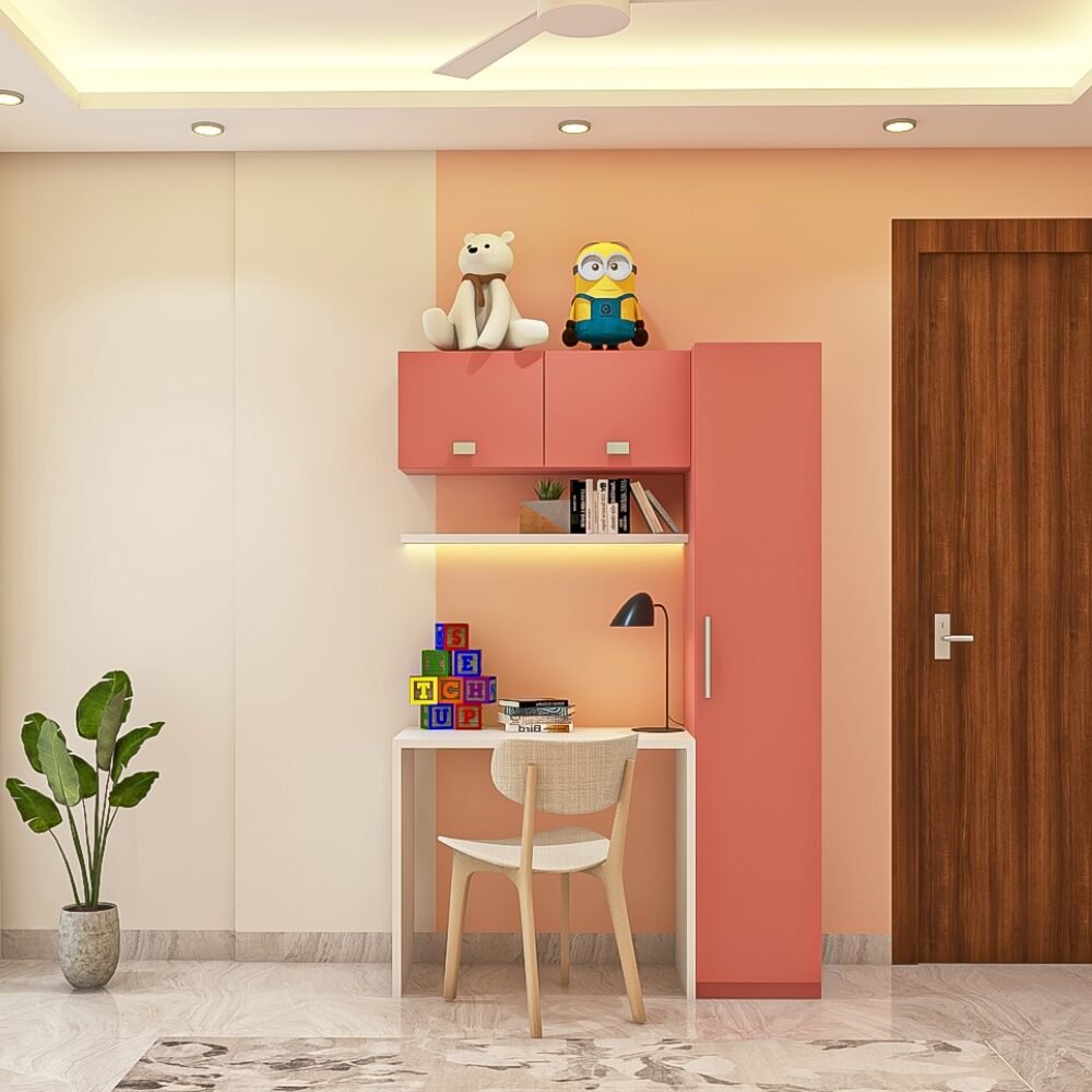 Modern White And Pink Study Room Design With Beige Upholstered Chair