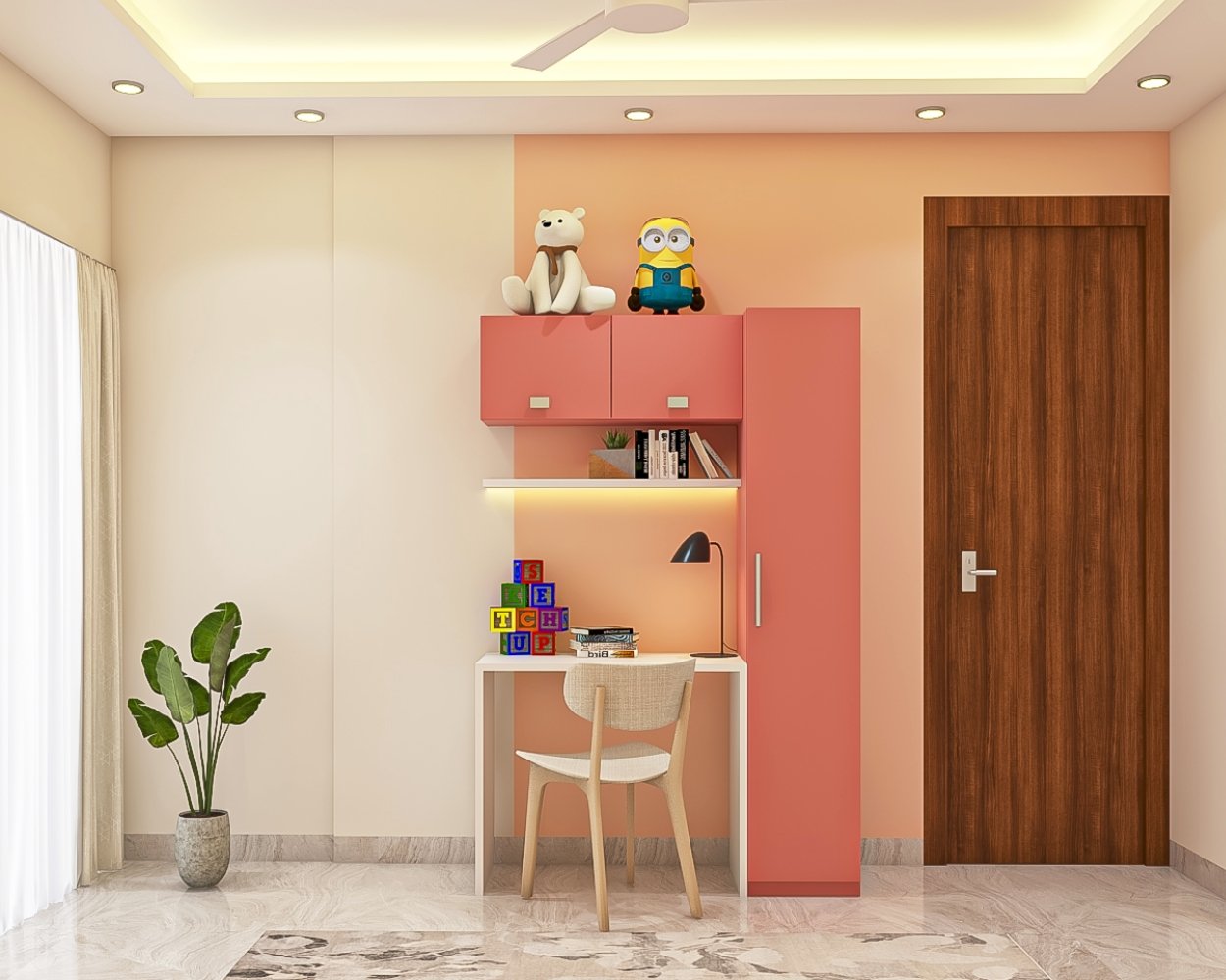 Modern White And Pink Study Room Design With Beige Upholstered Chair