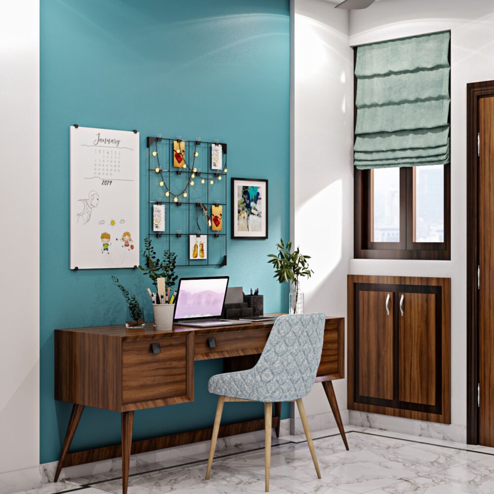 Modern Wooden Study Room Design With Blue Accent Wall