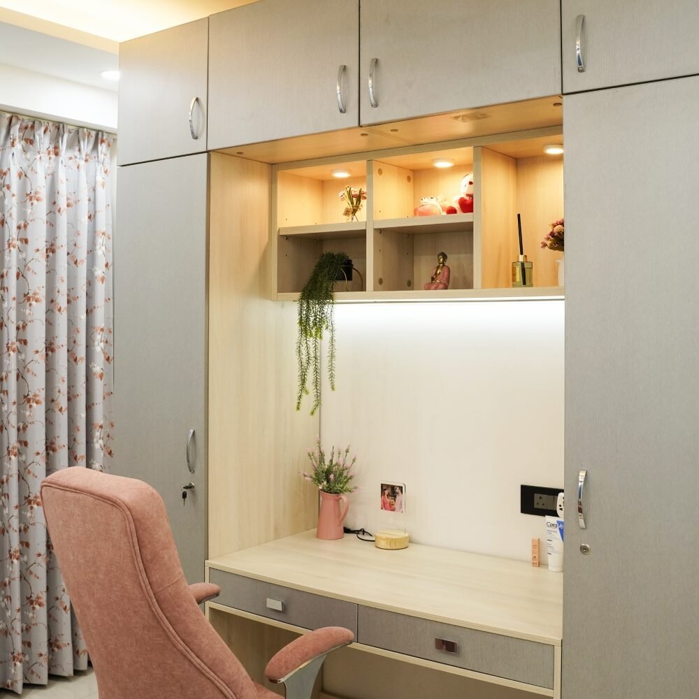 Modern Home Office Design with Suede Finish Cabinets