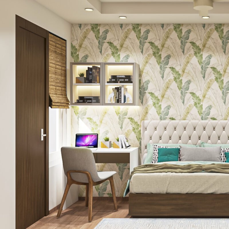 Modern Tan And Frosty White Study Room Design With Armless Chair