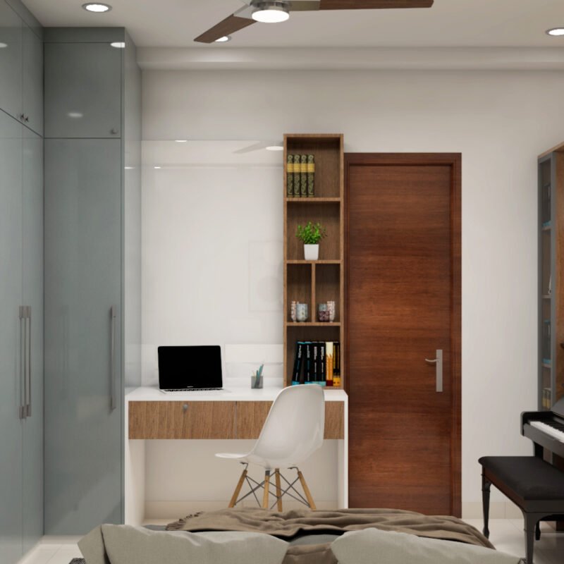 Modern Walnut And Frosty White Study Room Design With Armless White Chair