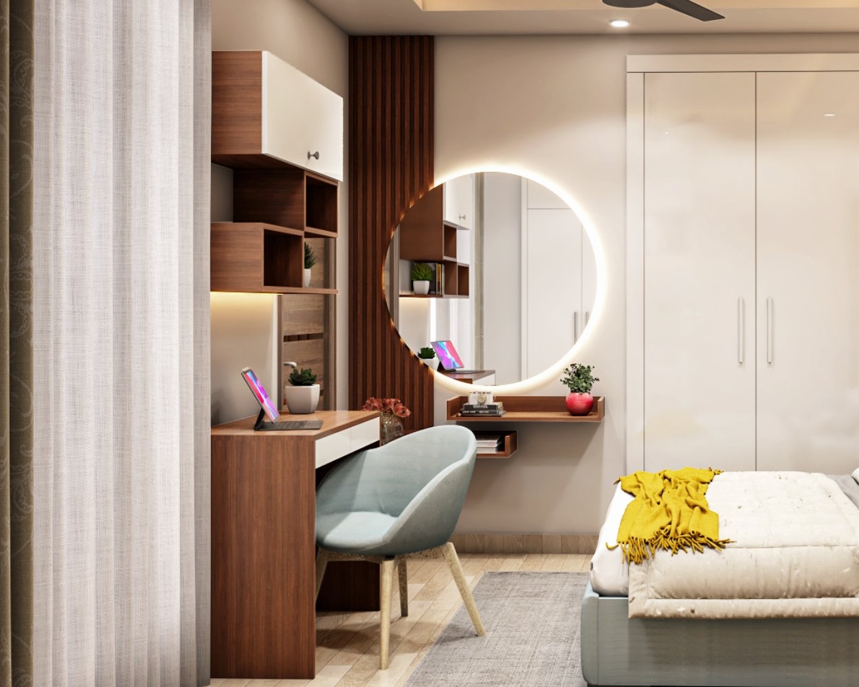 Contemporary Study Room Design With Upholstered Blue Chair