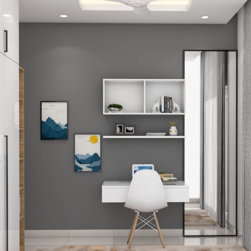 Modern Frosty White Study Room Design With Grey Painted Wall