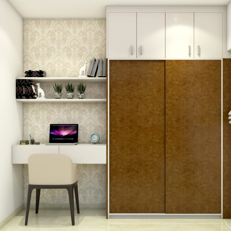 Modern Frosty White Study Room Design With Cream Upholstered Chair