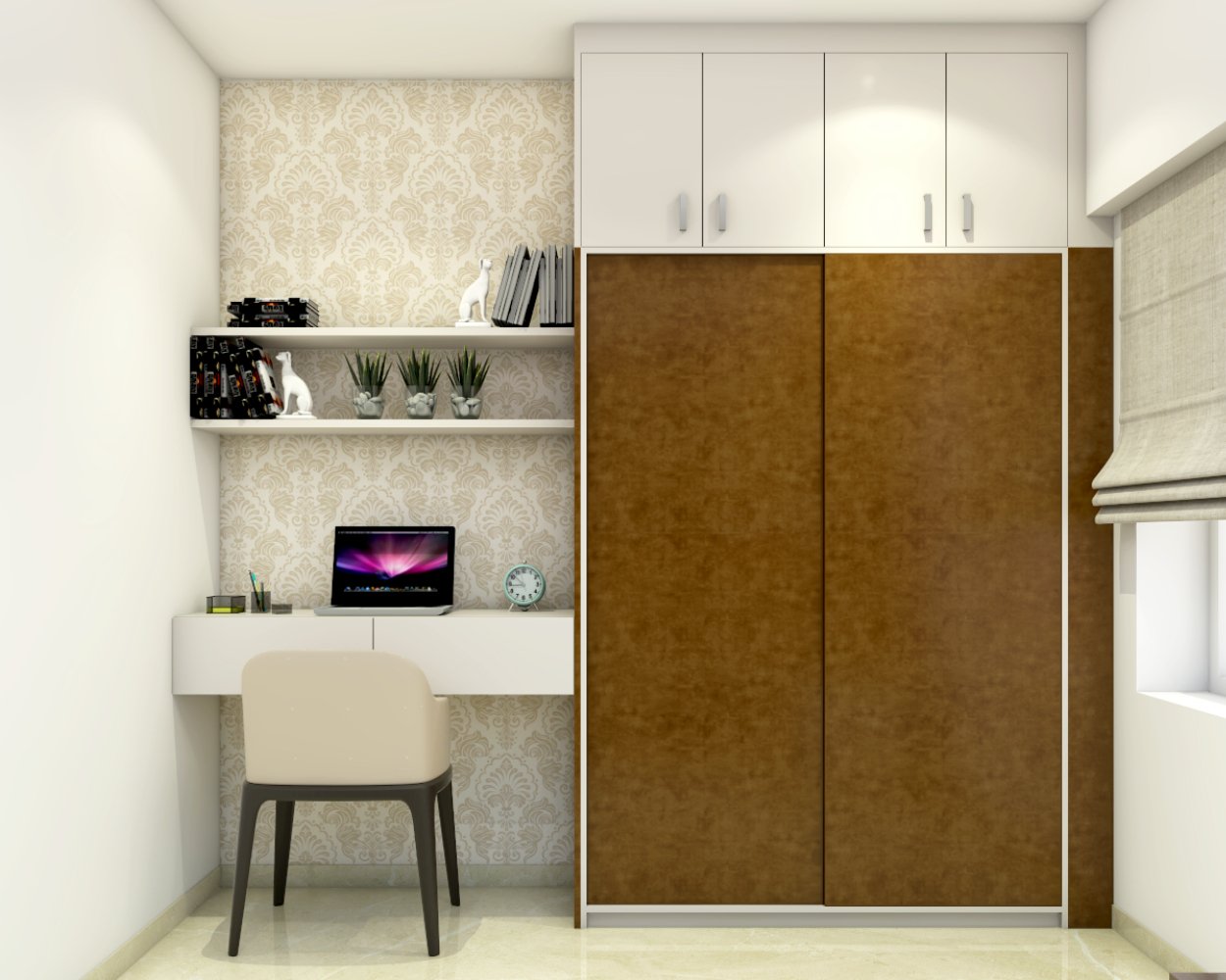 Modern Frosty White Study Room Design With Cream Upholstered Chair