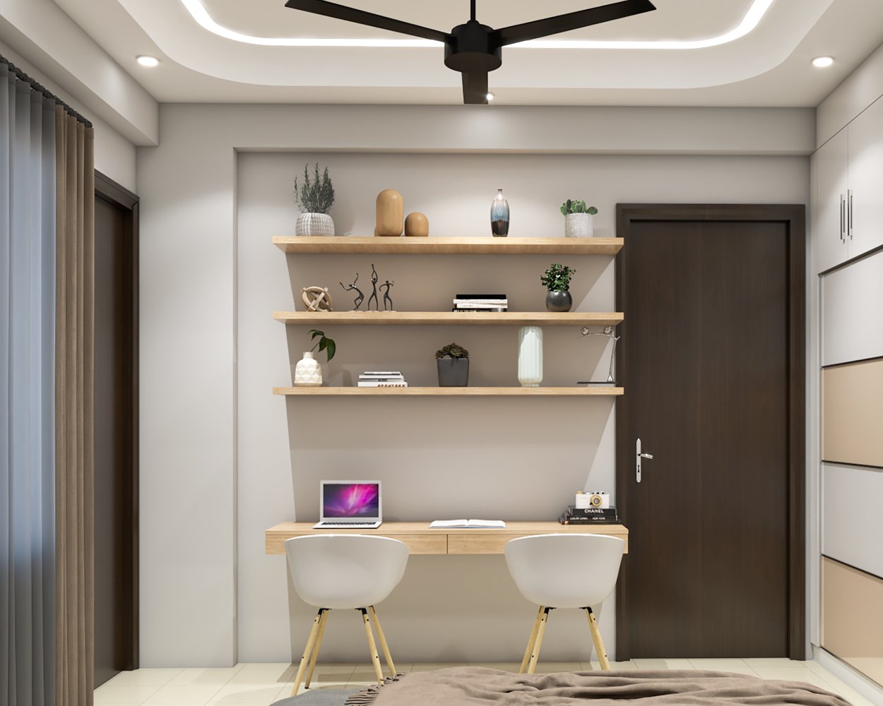 Scandinavian Study Room Design With Open Floating Racks