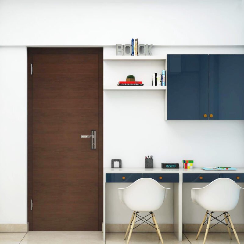 Modern Shore Blue And Frosty White Study Room Design With Two White Chairs