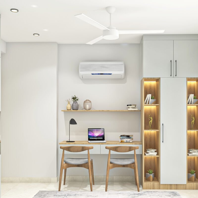 Mid-Century Modern Smoke Grey And Acacia Study Room Design