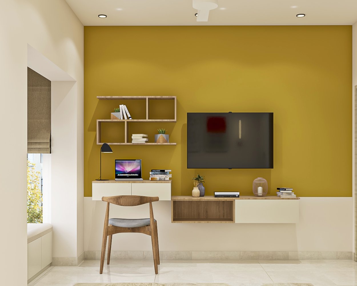 Mid-Century Modern Study Room Design With Open Wooden Wall Shelf