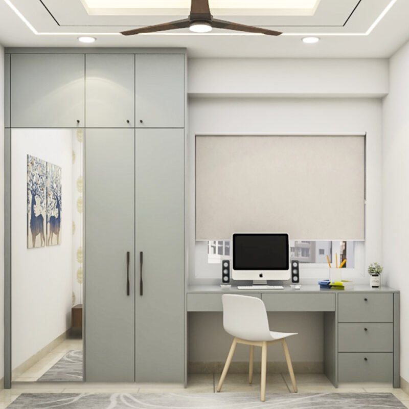 Mid-Century Modern Dove Grey Study Room Design With A White Chair