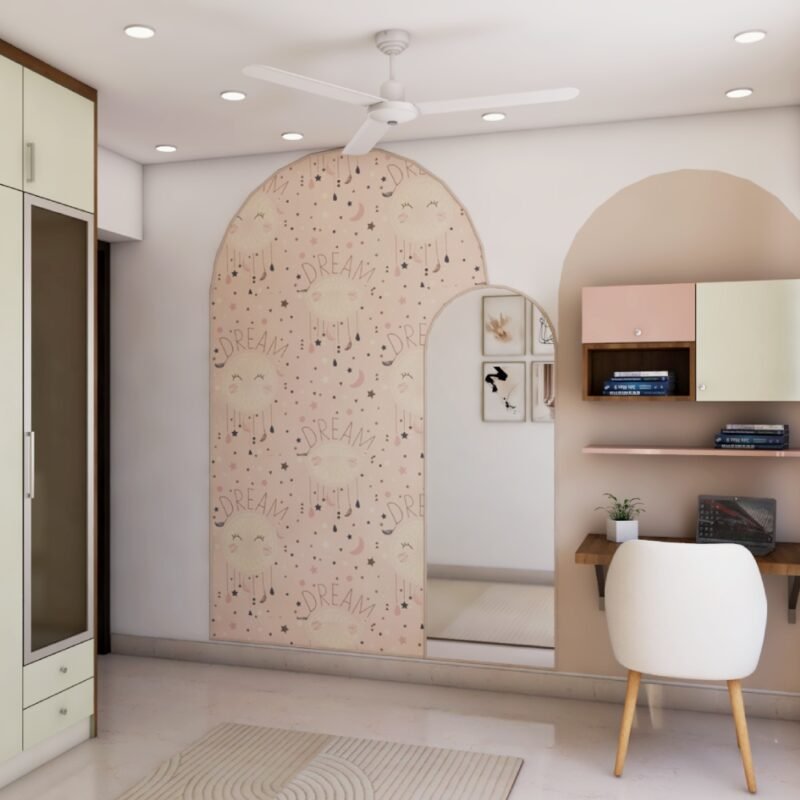 Modern Rose Granium And Wood Study Room Design With Wall Arch