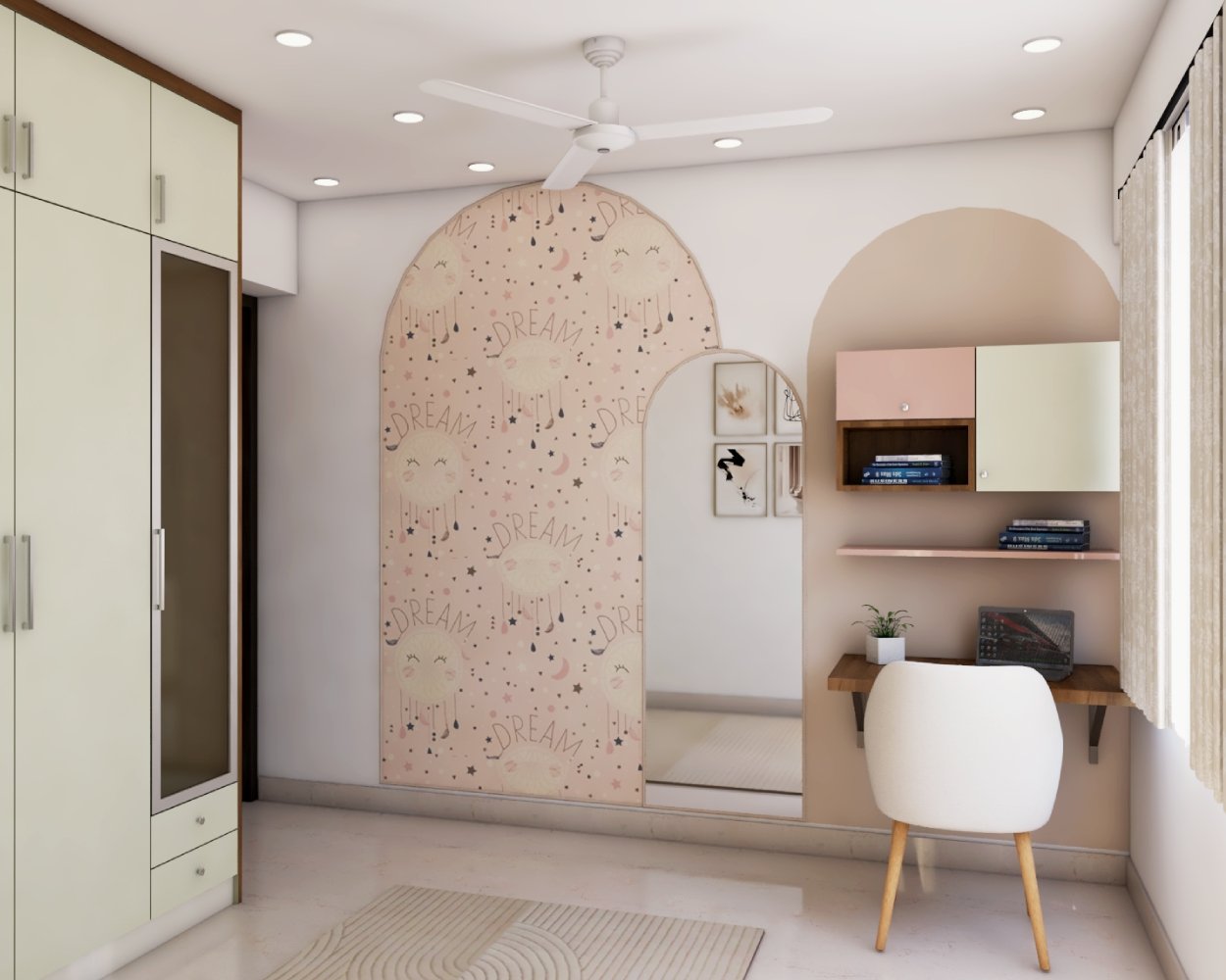 Modern Rose Granium And Wood Study Room Design With Wall Arch