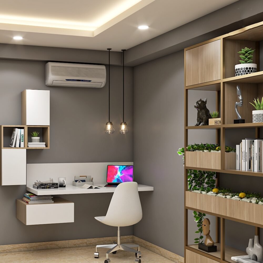 Modern Floating Frosty White And Acacia Study Room Design