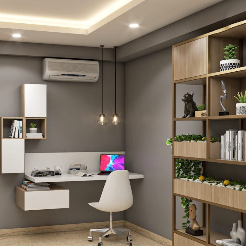 Modern Floating Frosty White And Acacia Study Room Design