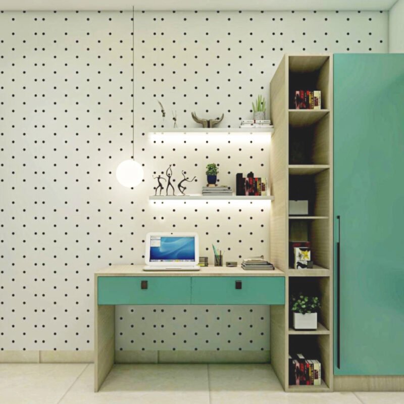Modern Wood And Aqua Green Study Room Design With Polka Dot Wallpaper