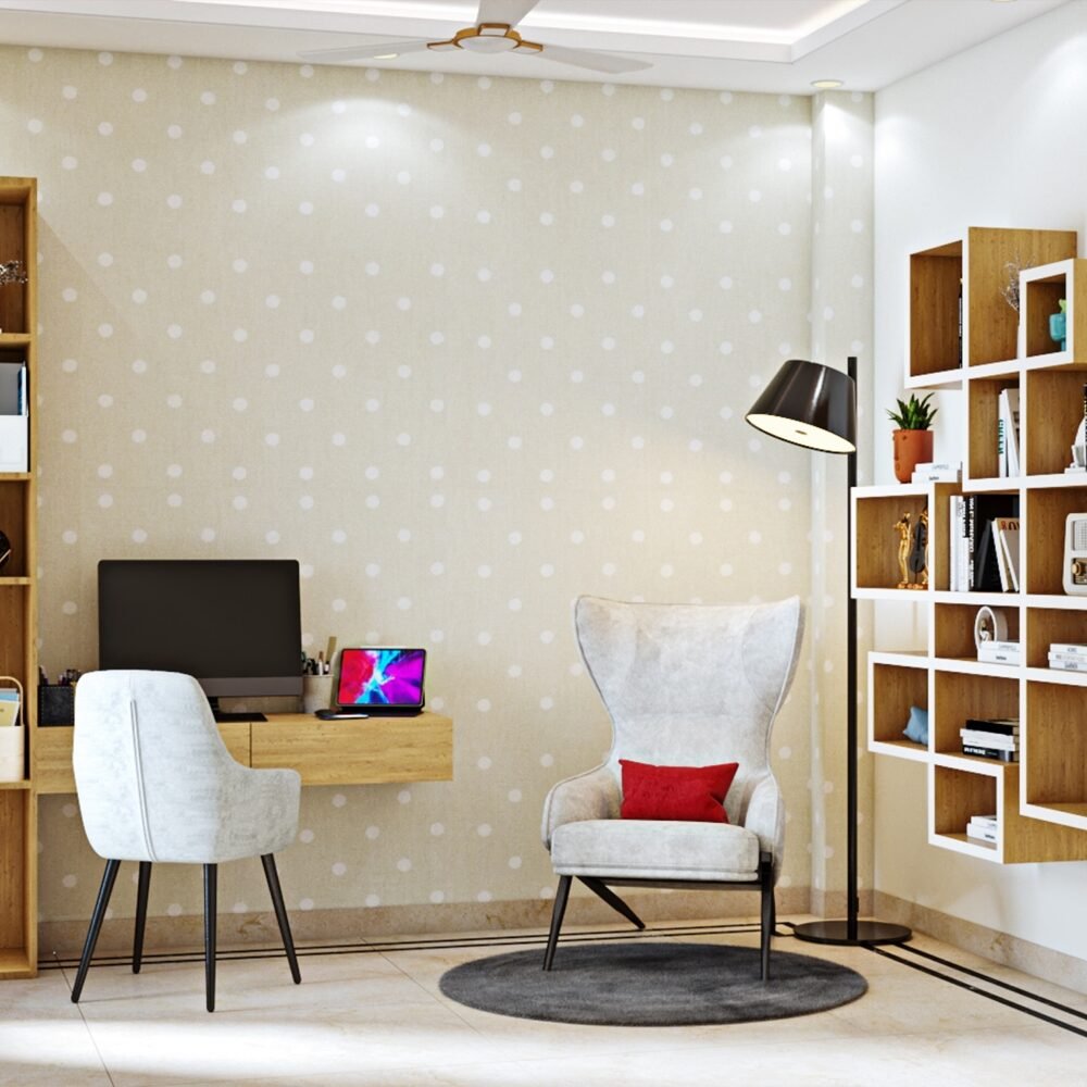 Modern Study Room Design With Polka Dot Wallpaper