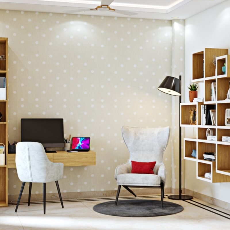 Modern Study Room Design With Polka Dot Wallpaper