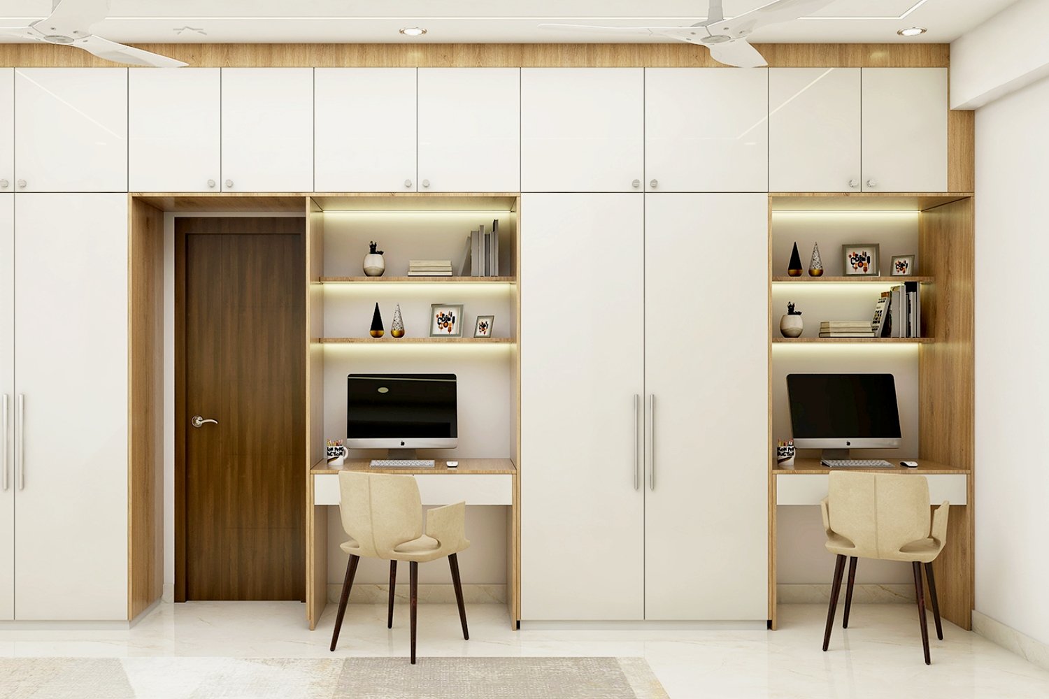 Modern Frosty White And Teak Study Room Design With Beige Upholstered Chair