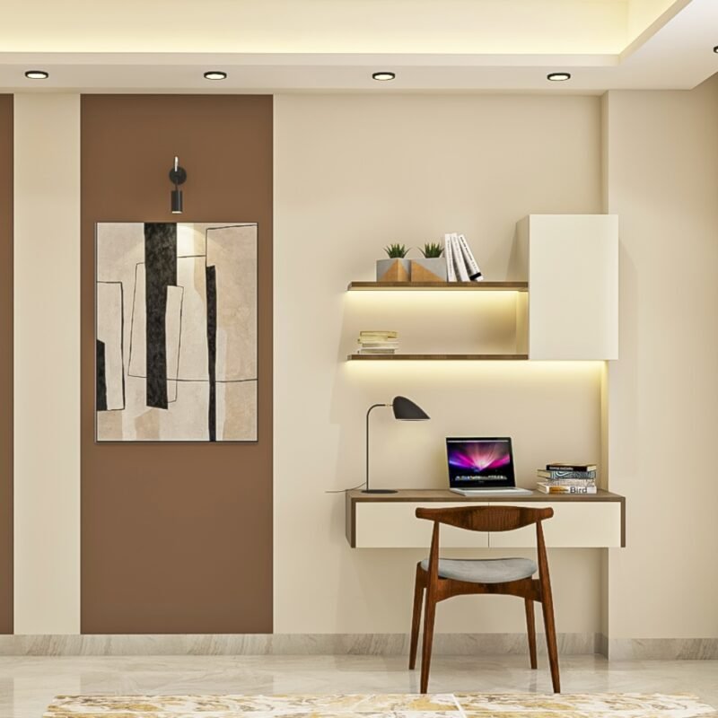 Modern Wood And Champagne-Toned Study Room Design With Armless Wooden Chair