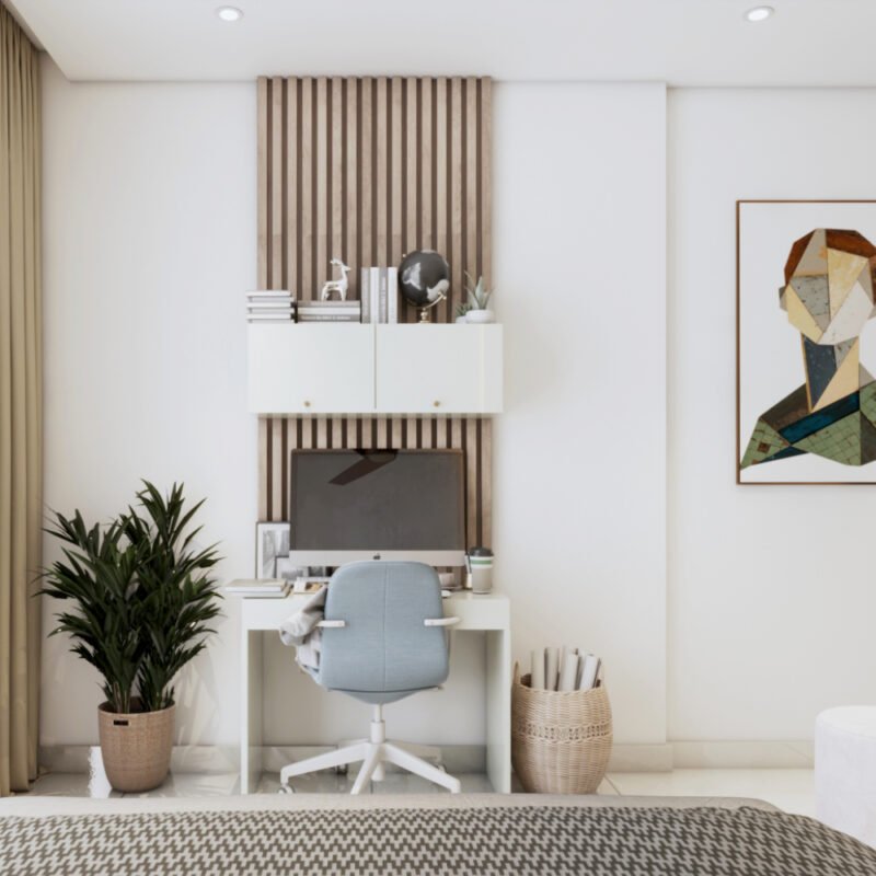 Modern Frosty White Study Room Design With Light Blue Swivel Chair