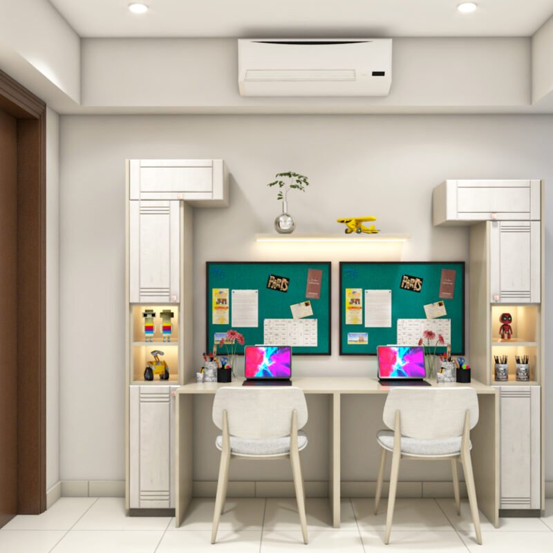 Modern Como White And Frosty White Study Room Design With Open Floating Shelf