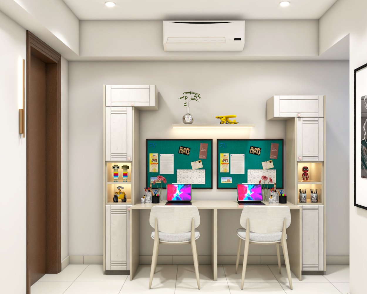 Modern Como White And Frosty White Study Room Design With Open Floating Shelf