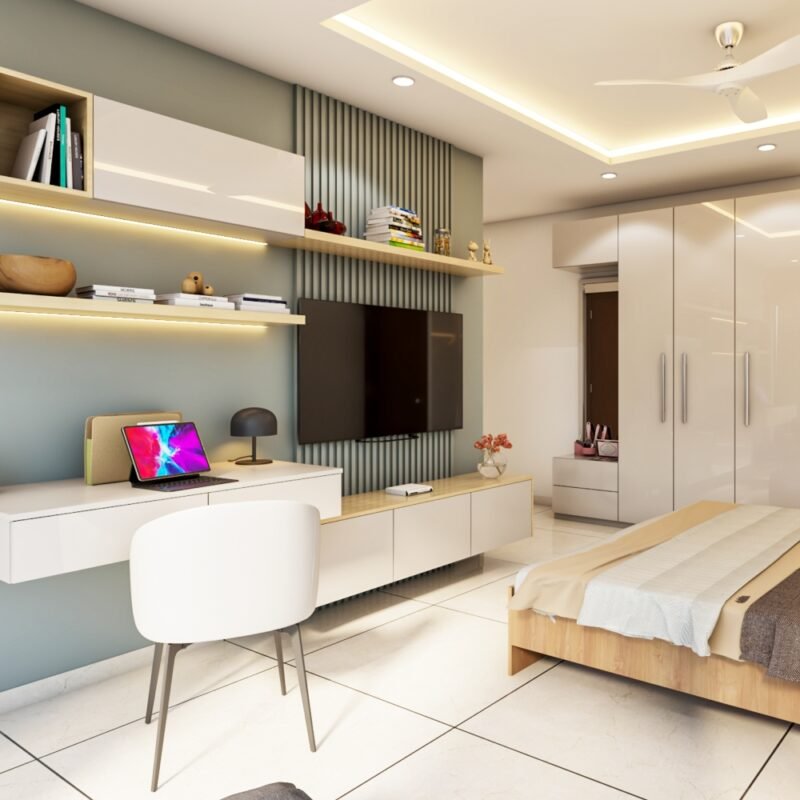 Contemporary Study Room Design With White And Wood Table