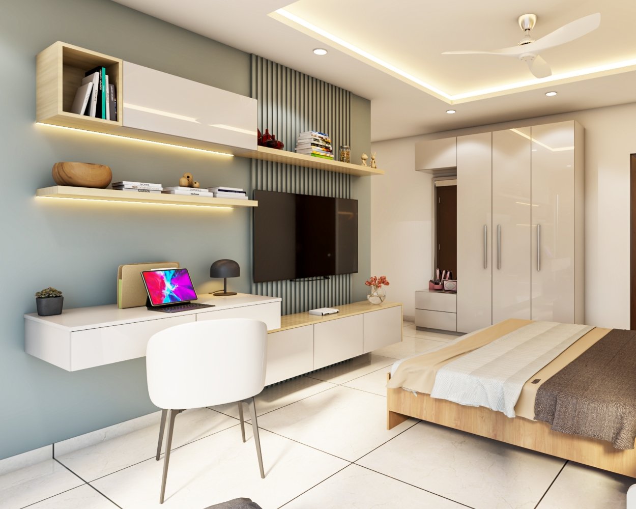 Contemporary Study Room Design With White And Wood Table