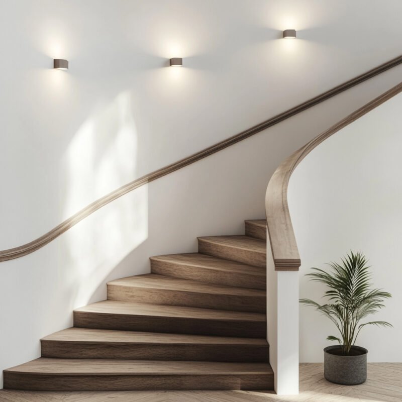 Modern Curved Staircase Design with Wooden and Concrete Elements