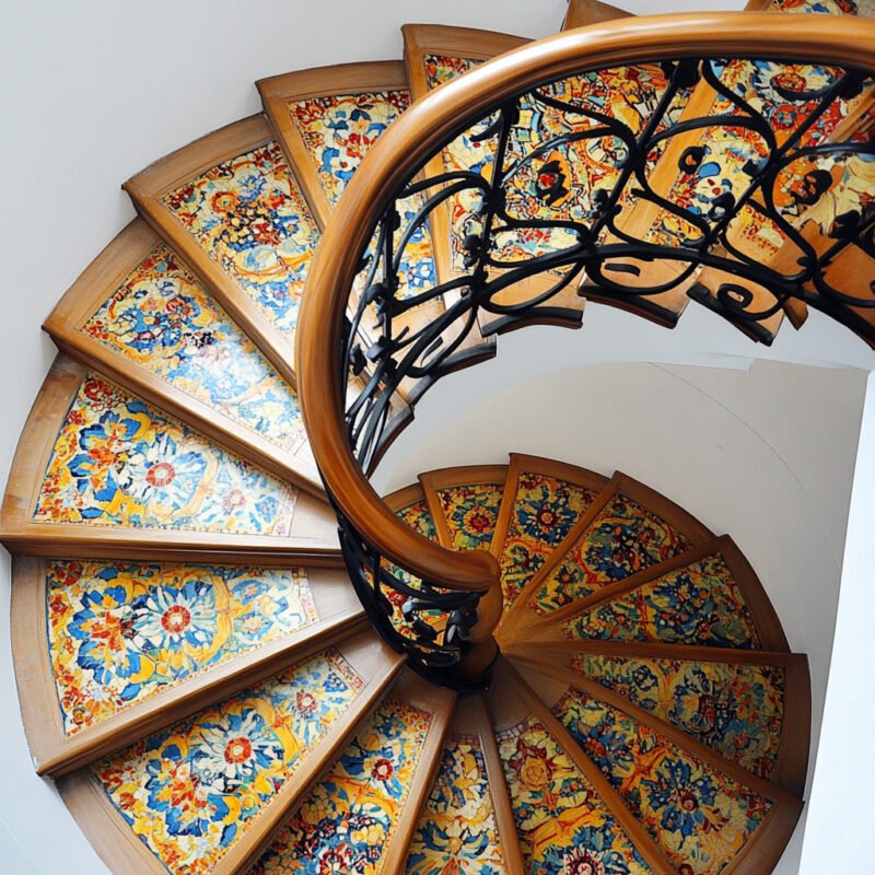 Mediterranean Spiral Staircase Design Made of Ceramic, Tile, Metal, and Wood